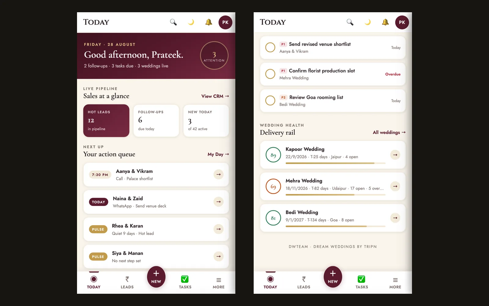 DWTeam mobile app: Today home screen and the tasks and weddings view